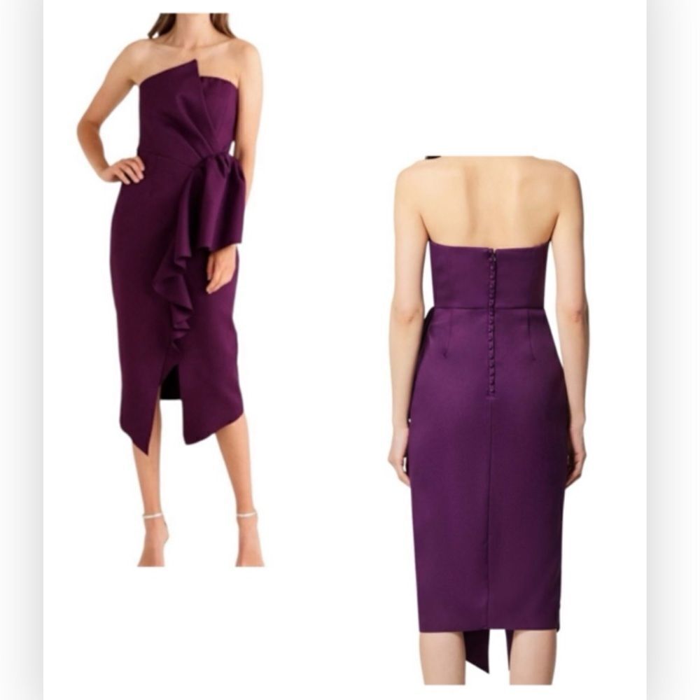 Elliatt Reception Strapless Ruffle Midi Dress in Purple NWT Size S $170